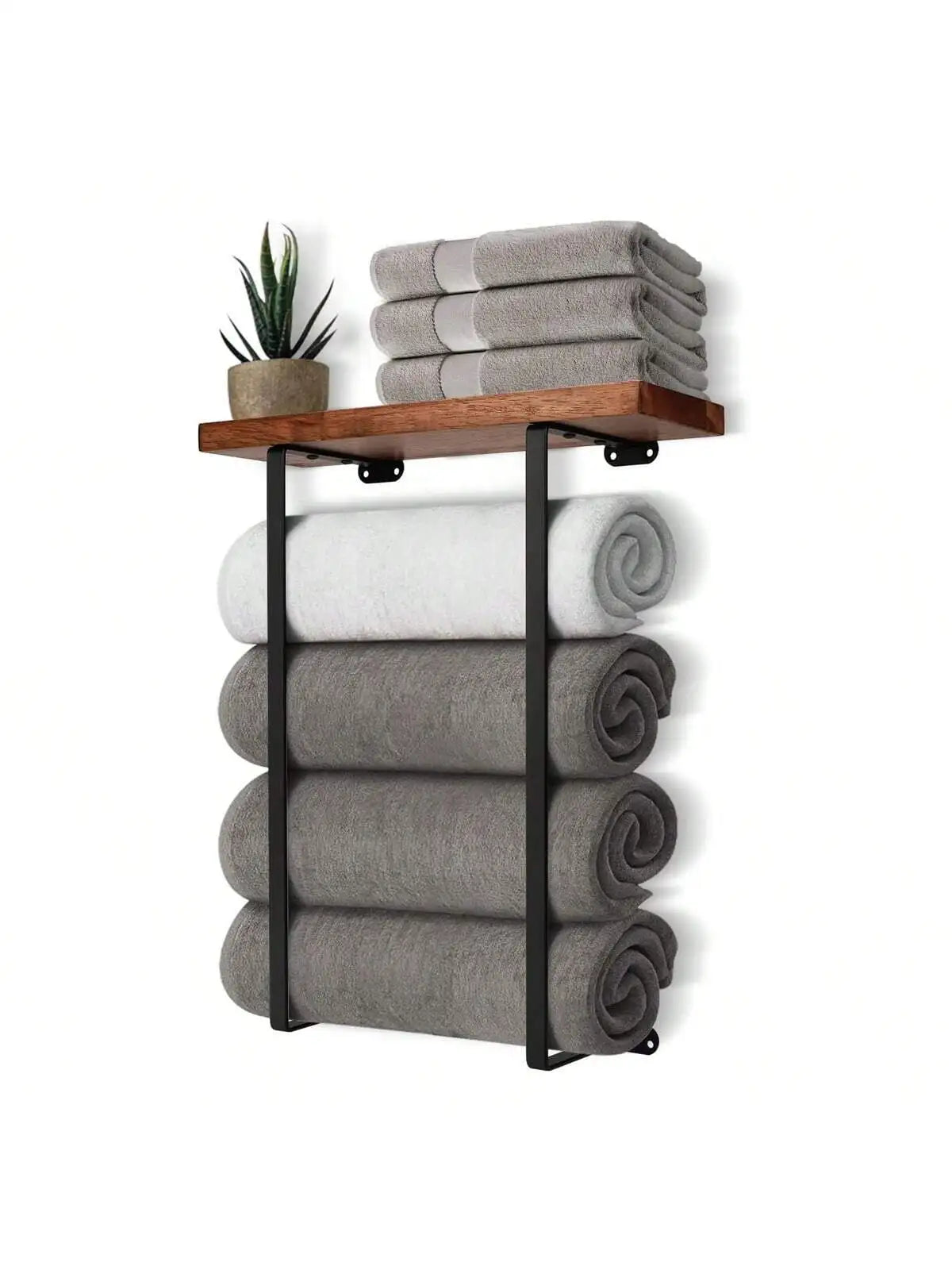 Wall Mounted Towel Rack for Bathroom, Black Minimalist Towel Storage Organizer with Shelf, Space Saving Wall Towel Holder for Large Bath Towels, Hand Towels, Spa, Salon, RV
