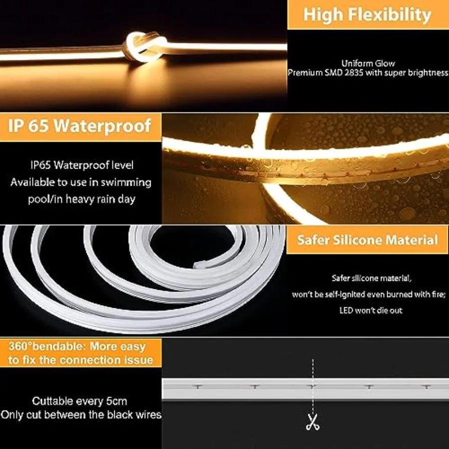 LED Neon Lights, Dimmable Led Rope Flex, 24V Waterproof LED Strip Lights, Silicone 3000K Neon Strip Lighting for Bedroom Indoor