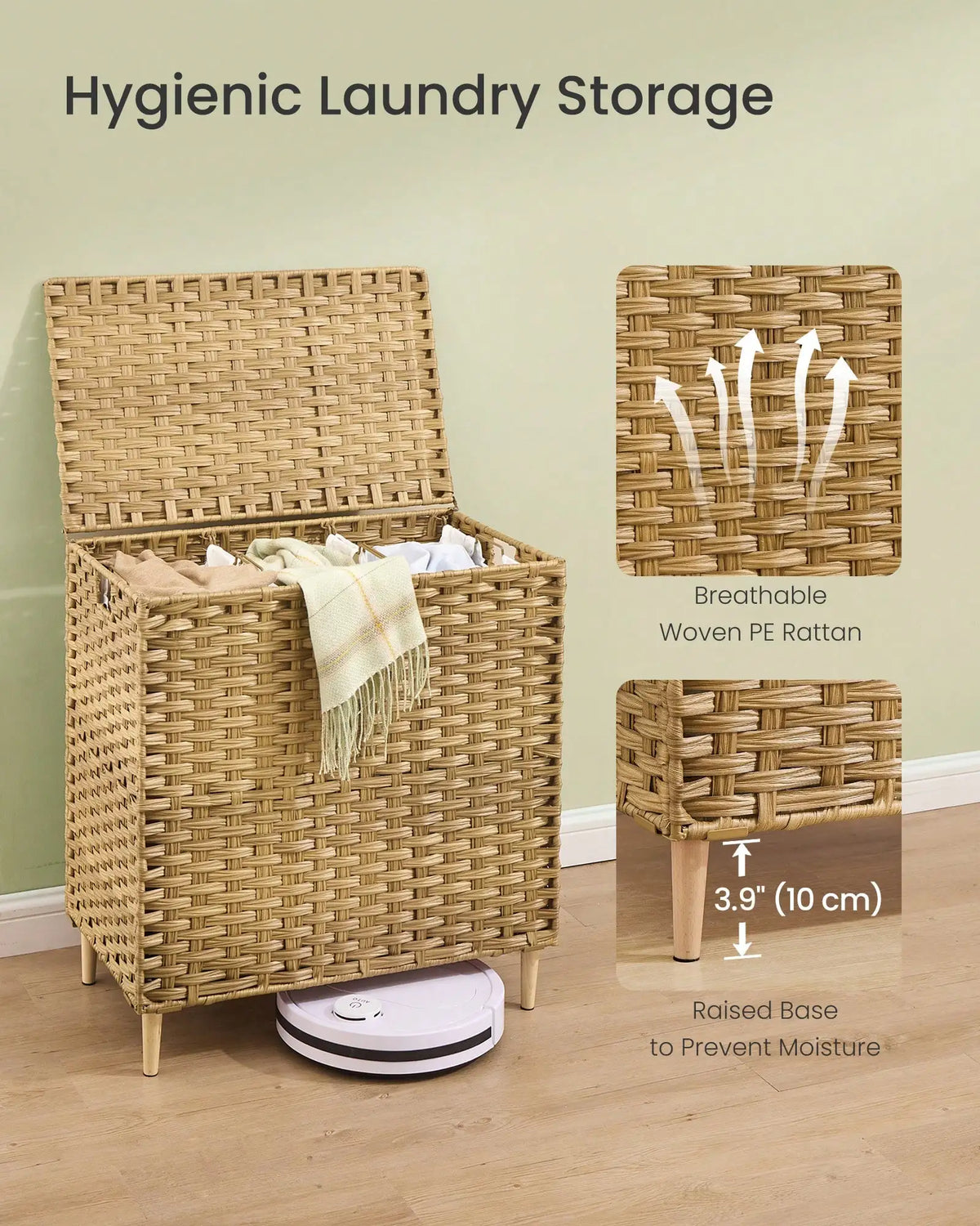 42.2 Gal Large Laundry Hamper with Lid, PE Rattan Woven Clothes Basket, Removable Washable Liner Storage Bin for Bedroom, Living Room, Beige