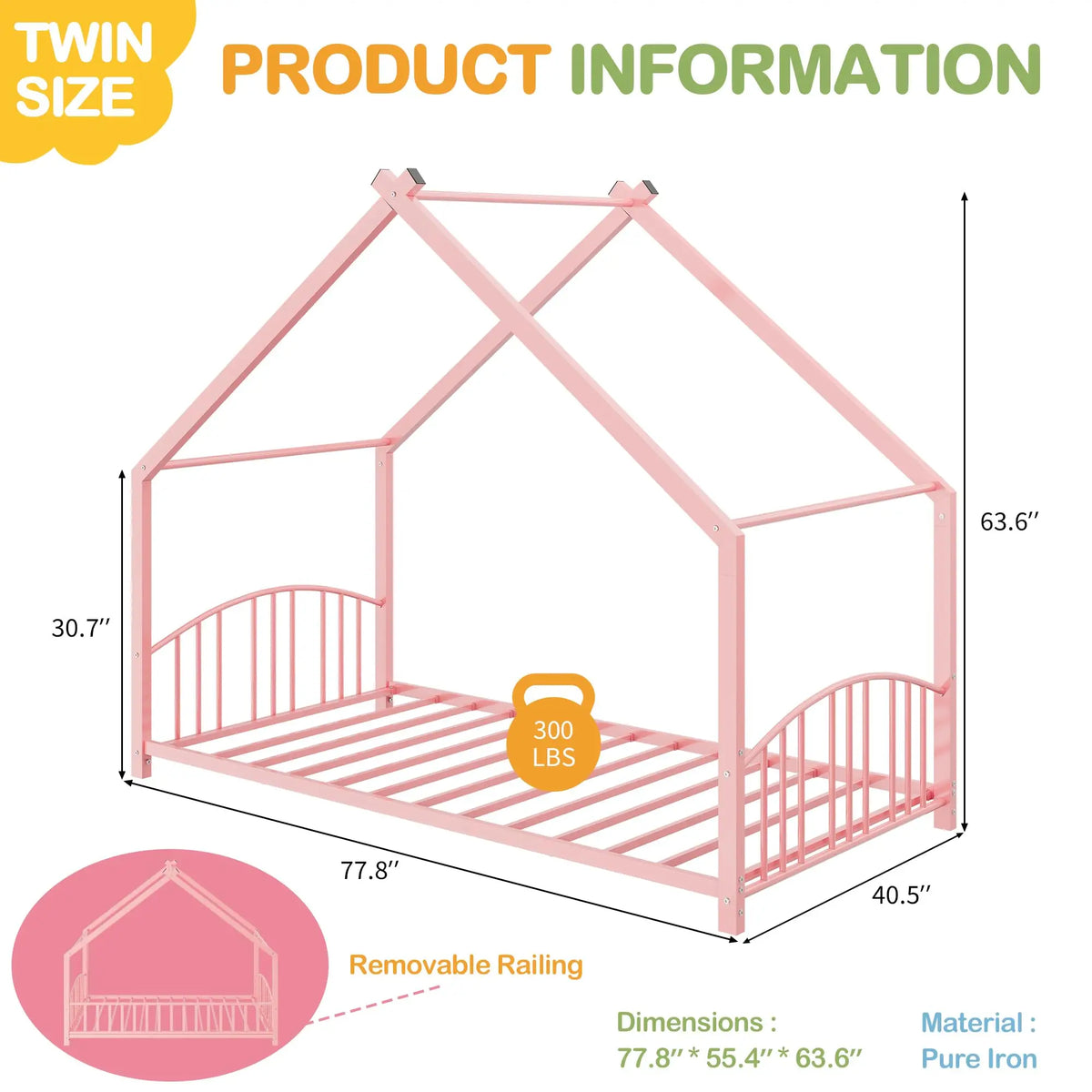 Twin House Bed Frame With Safety Rails, Montessori Floor Bed With Roof, Metal Platform Bed For Kids Girls Boys, No Box Spring