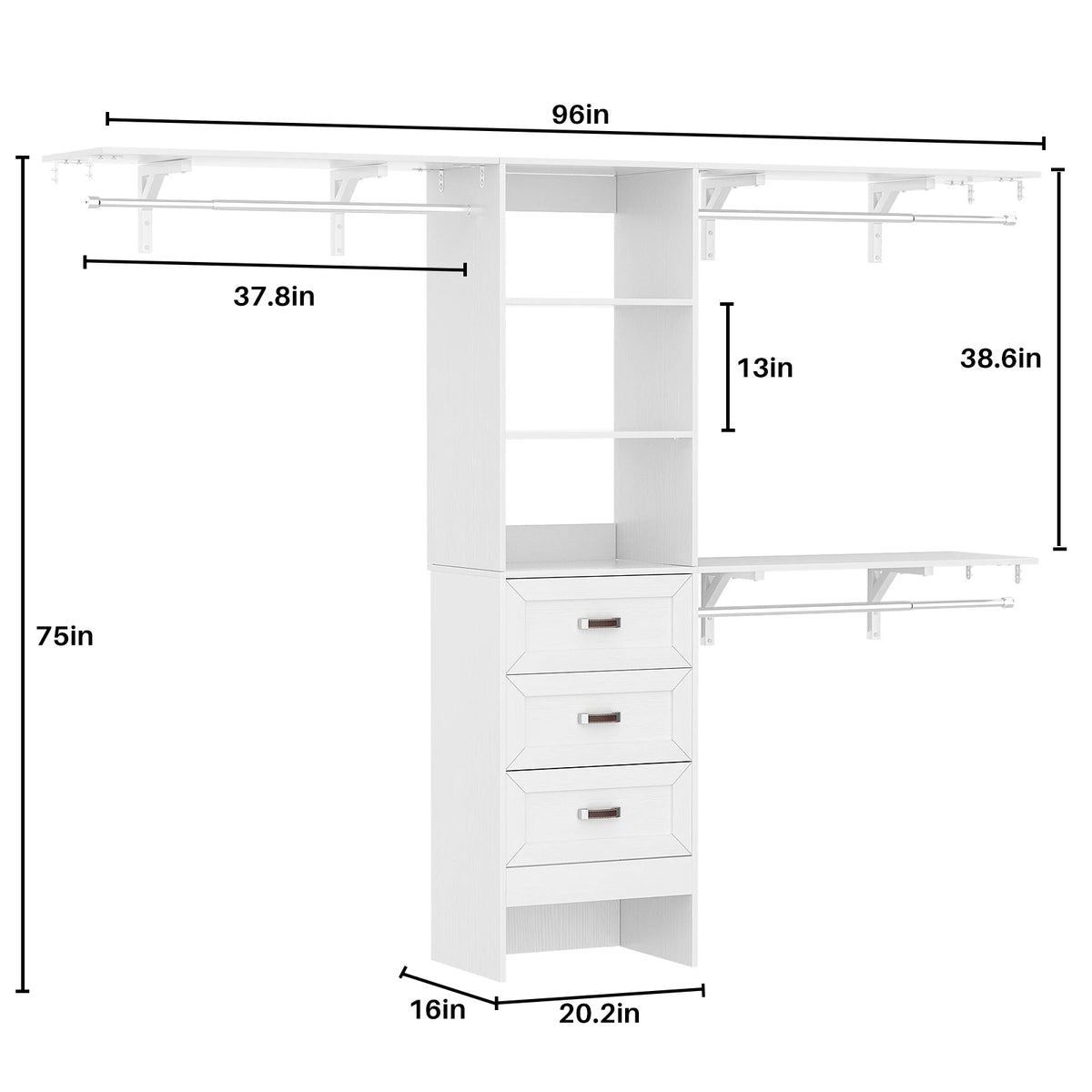 8FT Closet System with 3 Curved Drawers, 96" Wooden Walk-in Closet Organizer with 3 Top Shelves, Adjustable Hanging Rods & DIY Configurable Storage Rack for 4-8 ft Spaces