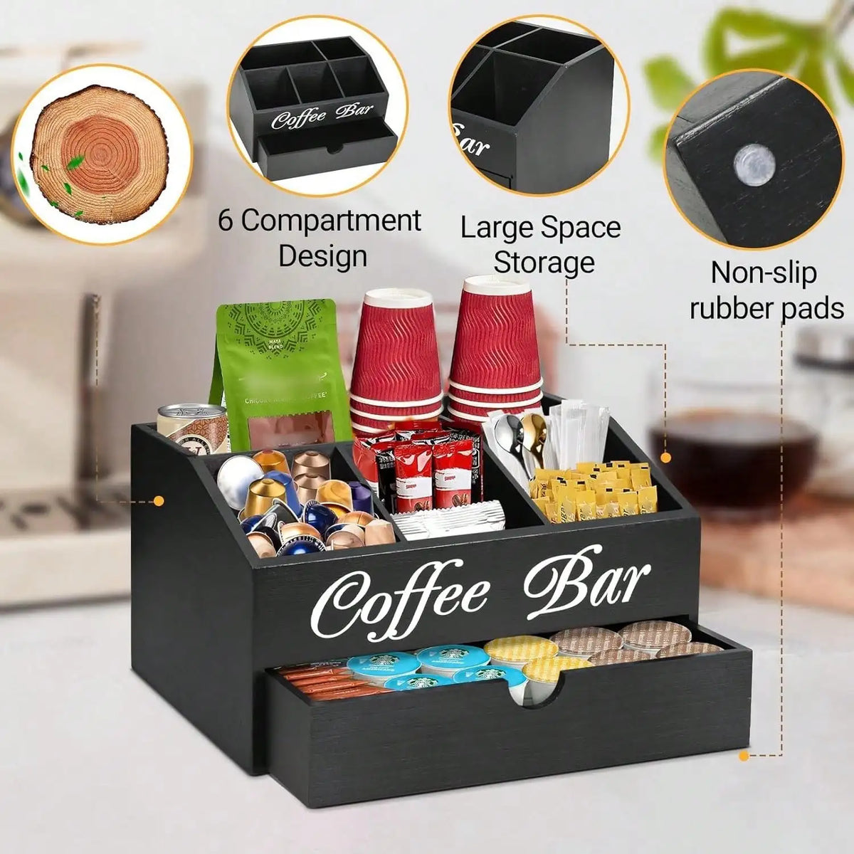 Coffee Bar Organizer Countertop Farmhouse Wooden Coffee Station Box Black Cursive Letter Printed Compartments Drawer For Coffee Pods Sugar Tea Cups Condiments Kitchen Office Counter Decor Housewarming Gift
