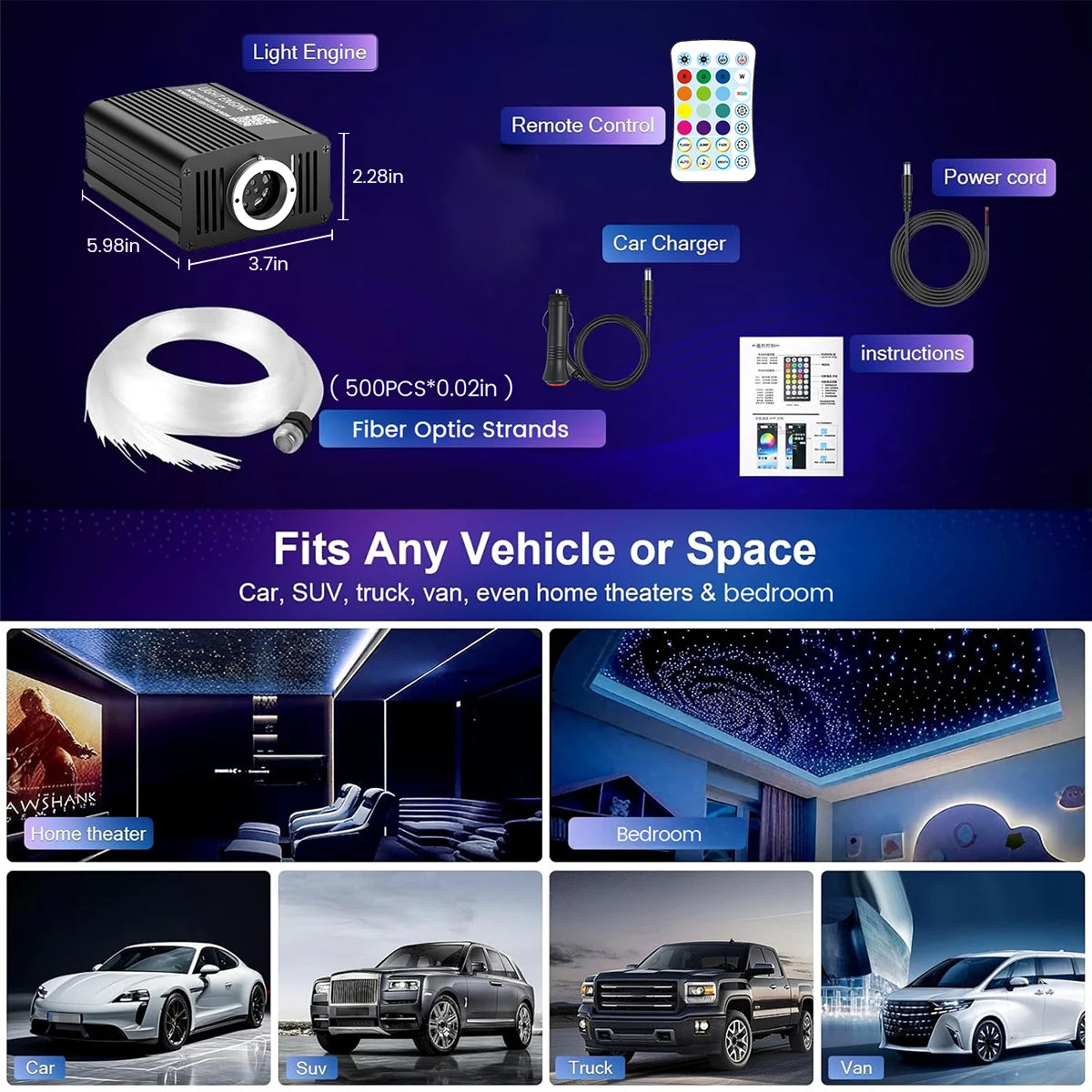 16W RGBW Starlight Headliner Kit, 500/550pcs 0.03in 2m‑3m Fiber Optic Lights, Twinkle Effect & Music Sync Mode, App & Remote Control, Car Roof Ceiling Starry Sky Lighting Kit for Auto Interior Decoration