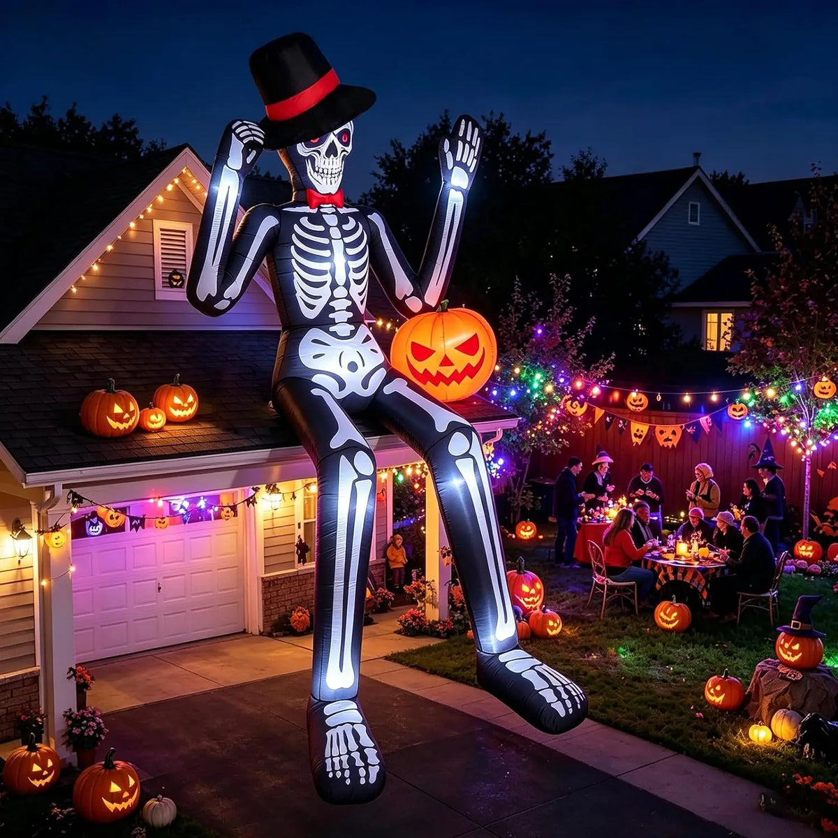 12FT Inflatable Halloween Decoration: Giant Seated Skeleton Holding a Pumpkin, Outdoor Blow-Up with Inbuilt LED Lights & Rapid Inflation, Ideal for Yard, Roof, Balcony, Lawn Garden - Spooky