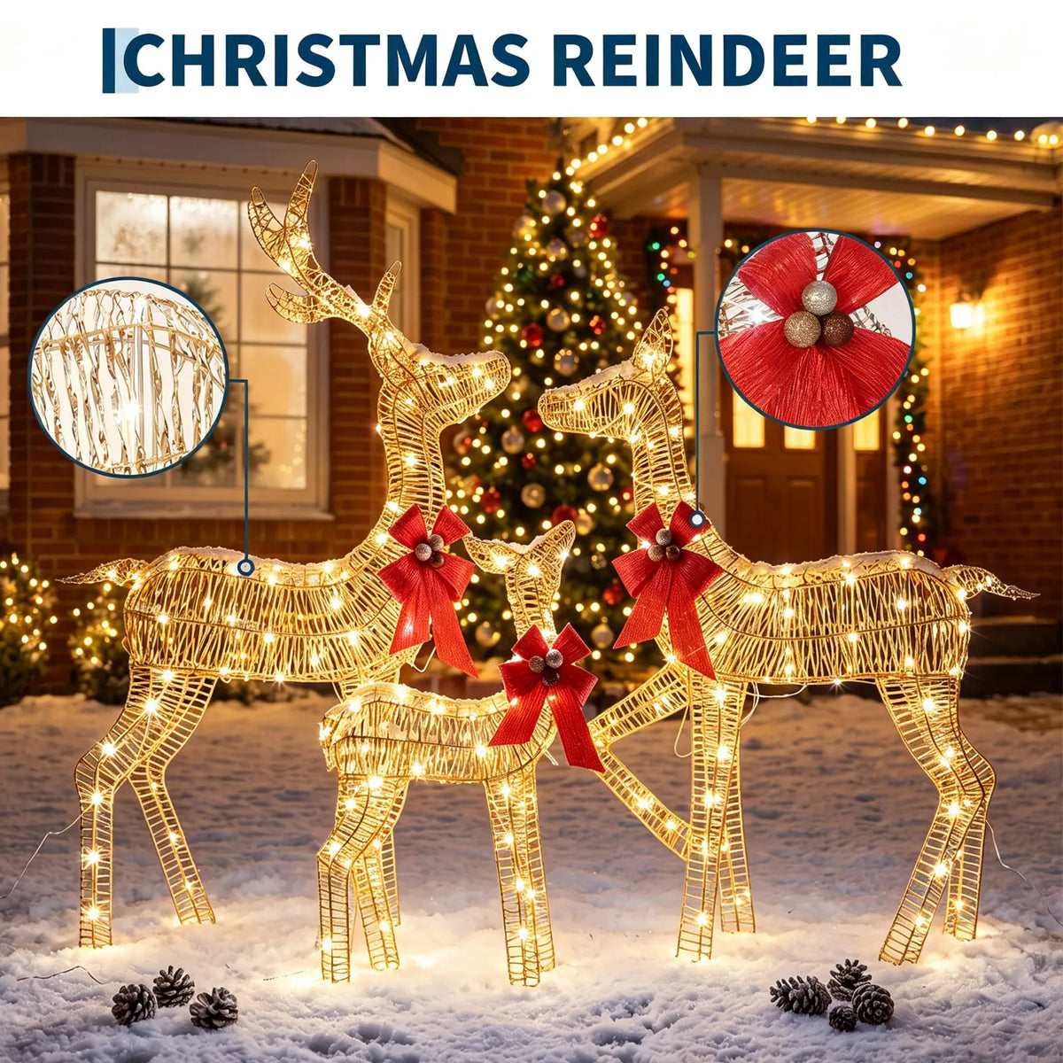 3-Piece Lighted Christmas Deer Family Outdoor Decoration Set 3FT Tall IP44 Waterproof with LED Lights for Lawn, Garden & Porch