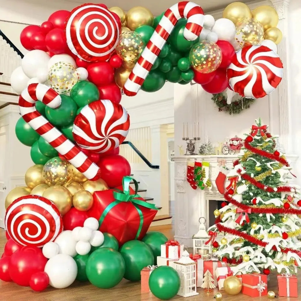 Christmas Candy Cane Balloon Garland Kit, Red Green White Metallic Gold Latex & Confetti Balloons, Giant Peppermint Lollipop Candy Cane Gift Box Foil Balloons, Winter Holiday 2026 New Year Xmas Dinner Table Party Photo Backdr