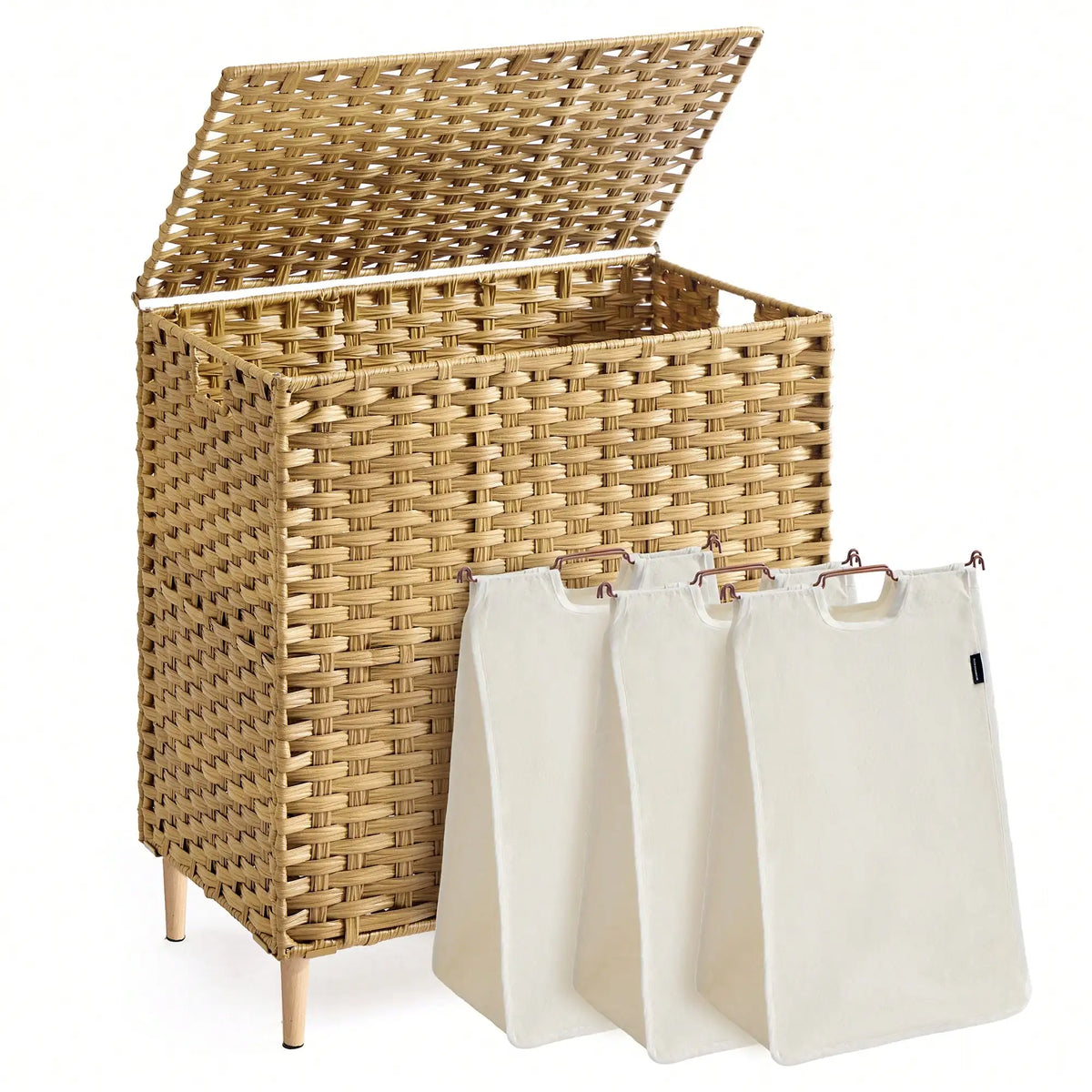 42.2 Gal Large Laundry Hamper with Lid, PE Rattan Woven Clothes Basket, Removable Washable Liner Storage Bin for Bedroom, Living Room, Beige