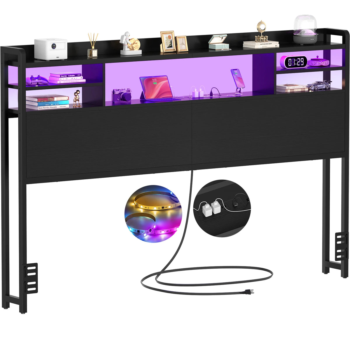 Aheaplus Headboard for Queen Size Bed with Storage, Headboards with LED Light, Power Outlets, USB Ports Queen Size Head Board, Wood Headboard Only Sturdy and Stable Headboards, Modern, Black