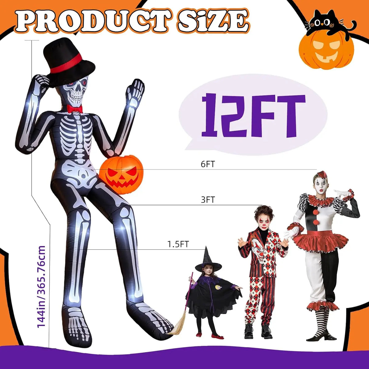 12FT Inflatable Halloween Decoration: Giant Seated Skeleton Holding a Pumpkin, Outdoor Blow-Up with Inbuilt LED Lights & Rapid Inflation, Ideal for Yard, Roof, Balcony, Lawn Garden - Spooky