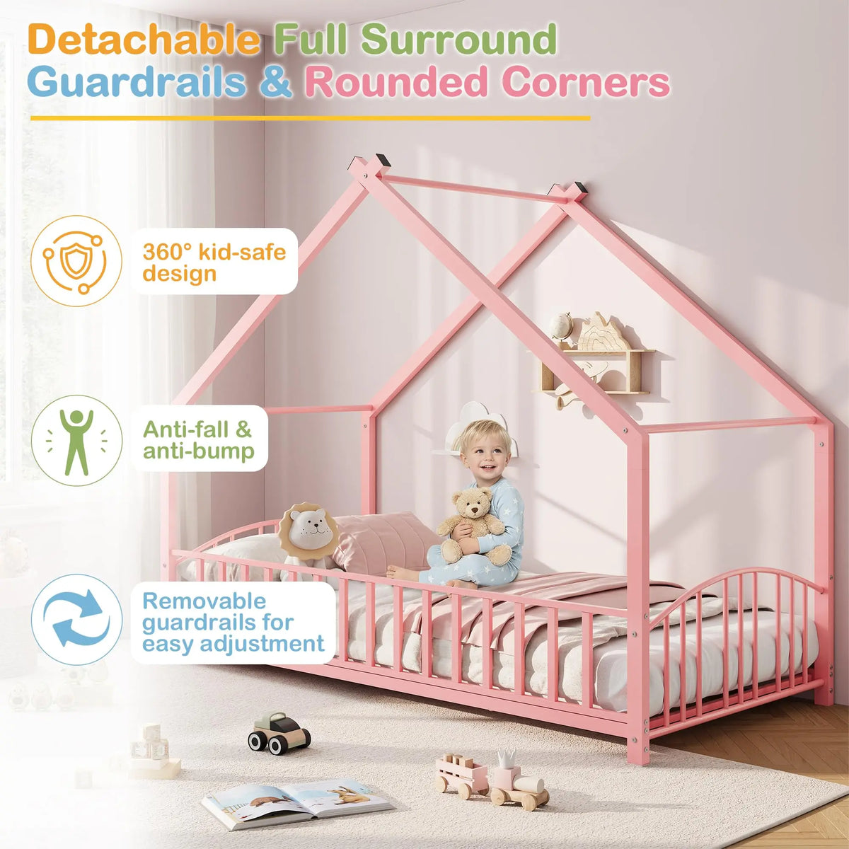 Twin House Bed Frame With Safety Rails, Montessori Floor Bed With Roof, Metal Platform Bed For Kids Girls Boys, No Box Spring