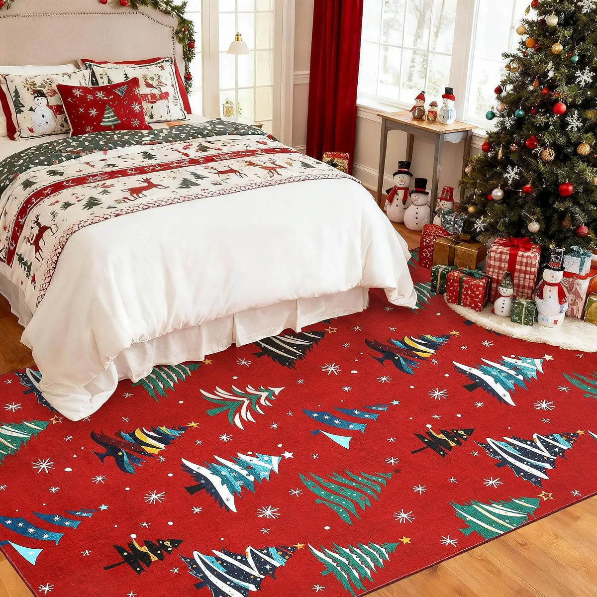Garvee Area Rugs Christmas Snowflake Area Mat with Xmas Tree Pattern Living Room Bedroom Decoration Holiday Home Decoration Non Slip Low Pile Washable Rug