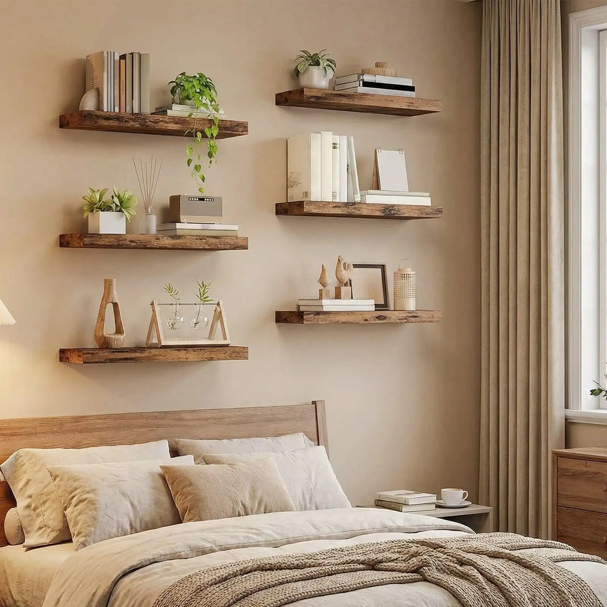 6-Pack 15.8 Inch Wood Floating Shelves, Farmhouse Wall Mounted Display Shelf Set, Rustic Storage Rack for Bathroom, Bedroom, Kitchen, Living Room Decor