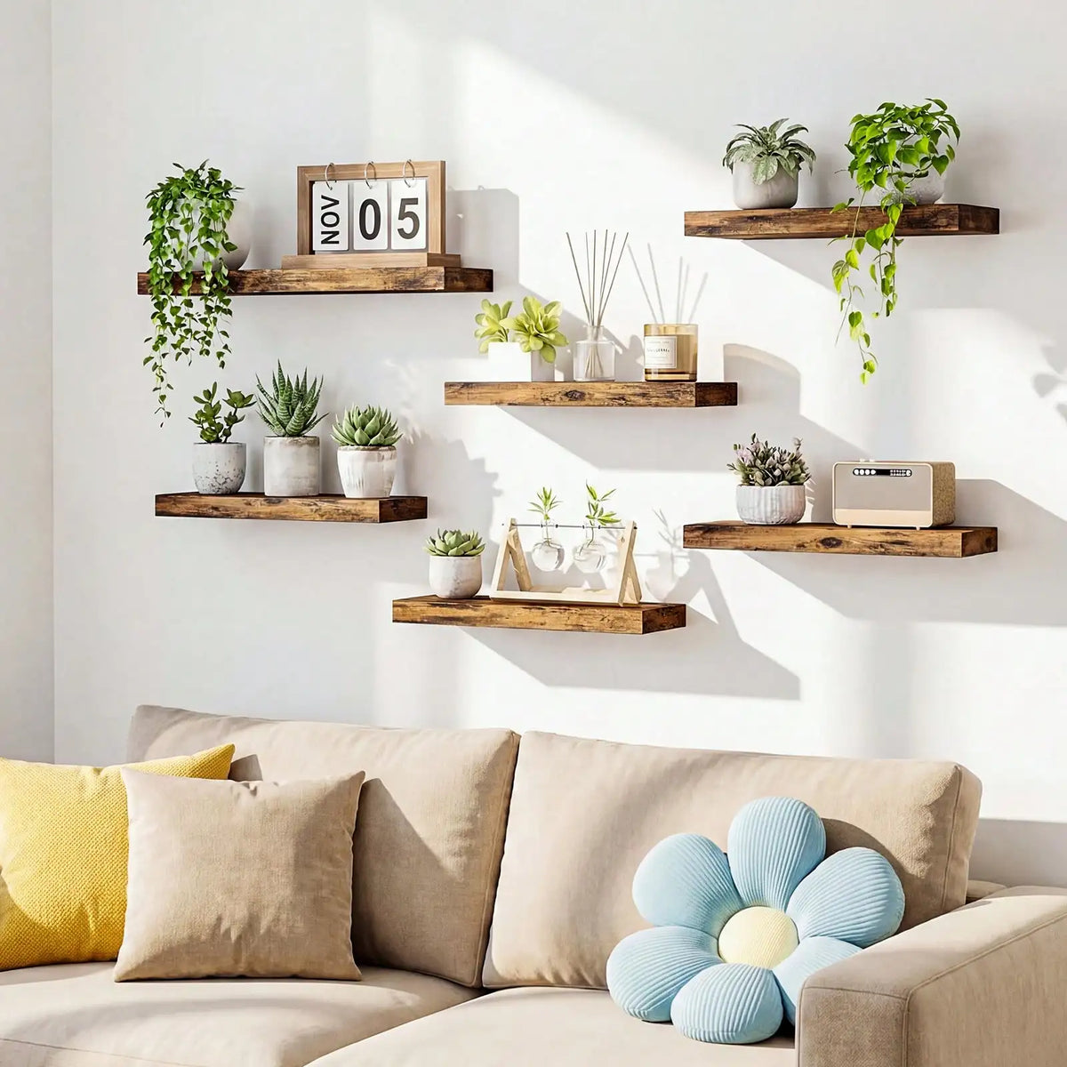6-Pack 15.8 Inch Wood Floating Shelves, Farmhouse Wall Mounted Display Shelf Set, Rustic Storage Rack for Bathroom, Bedroom, Kitchen, Living Room Decor