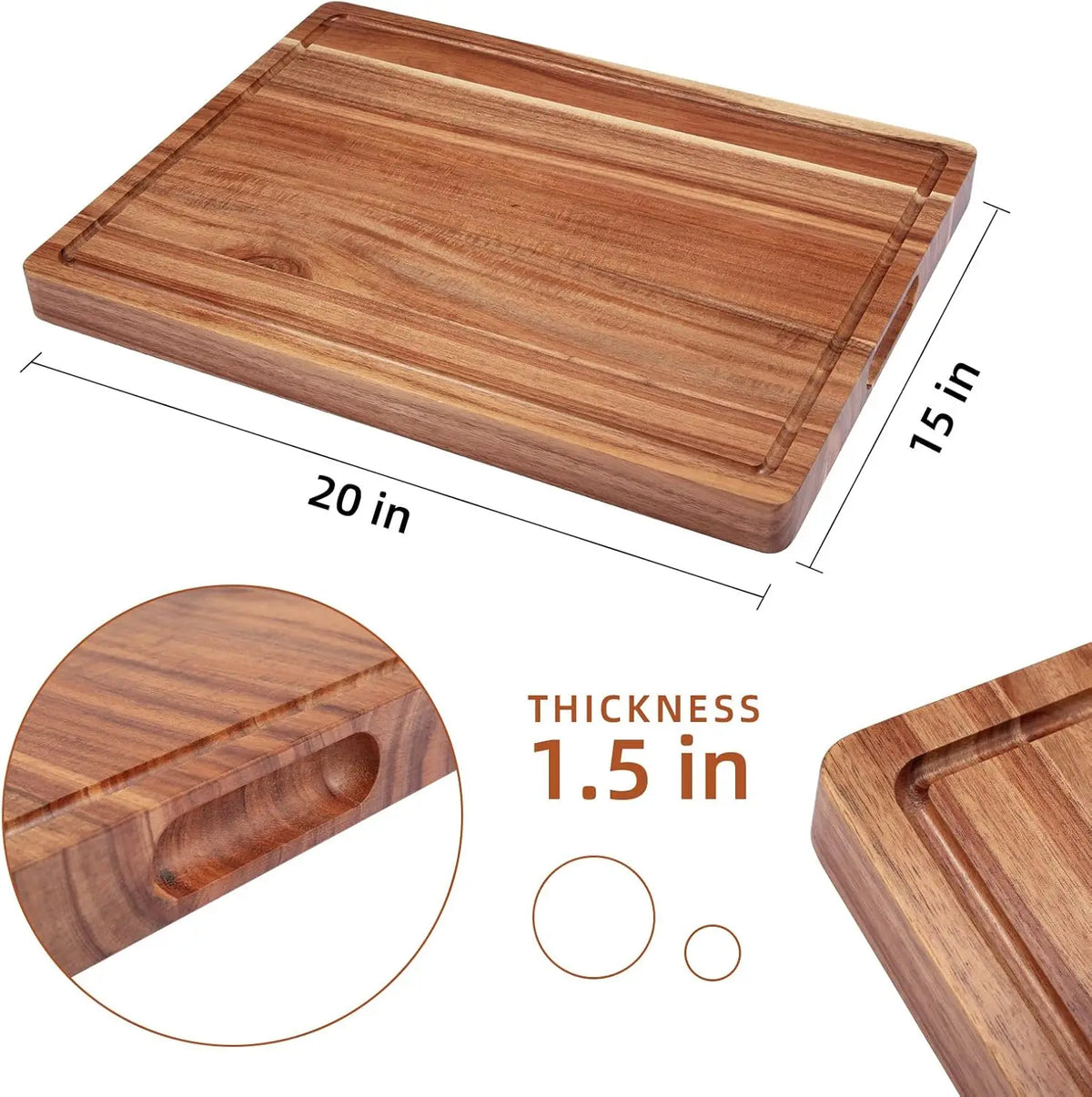 Acacia Wood Cutting Board, Chopping Board with Juice Groove Thick Solid Wood | Professional Butcher Block | Deep Juice Groove | Heavy Duty Construction