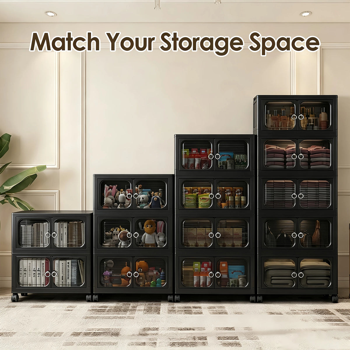 Multifunctional stackable storage cabinet, foldable multi-layer with wheels and handles, plastic storage cabinet, black and white, suitable for office documents, bedroom clothes, living room clutter, general storage