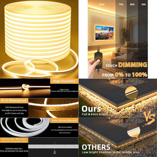 LED Neon Lights, Dimmable Led Rope Flex, 24V Waterproof LED Strip Lights, Silicone 3000K Neon Strip Lighting for Bedroom Indoor