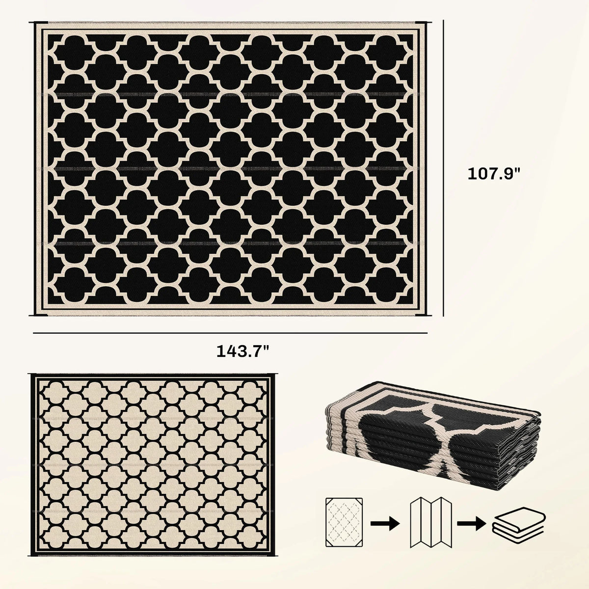 9' x 12' Reversible Outdoor Rug, Plastic Straw Mat for RV, Camper, Picnic, Black