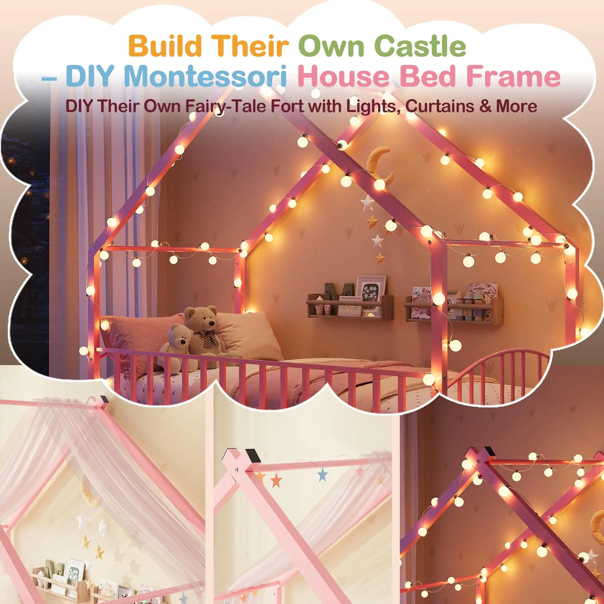 Twin House Bed Frame With Safety Rails, Montessori Floor Bed With Roof, Metal Platform Bed For Kids Girls Boys, No Box Spring