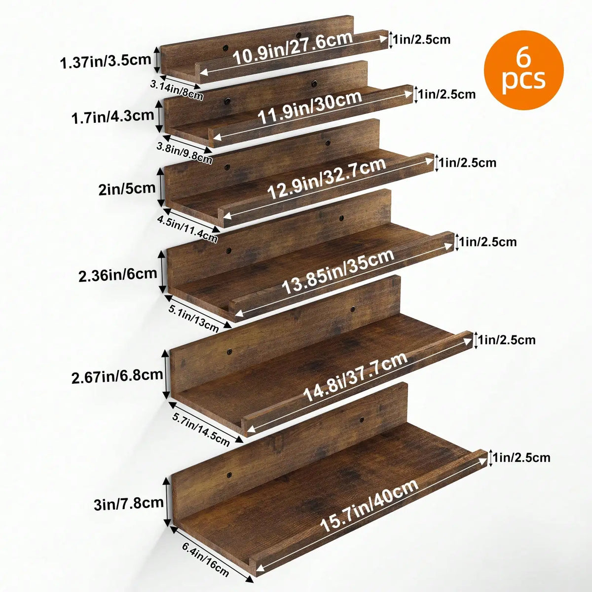 6Pcs Floating Shelves with Lip, Wall Mounted Wood Storage Shelf Set, Display Picture Ledge for Bedroom, Living Room, Bathroom & Kitchen, Wall Decor