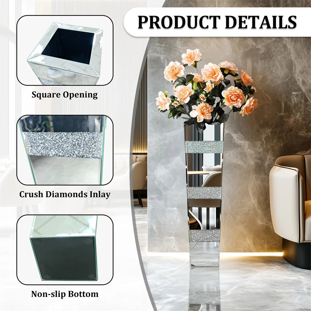 Modern Floor Flower Vase Decorative Crystal Silver Standing Mirrored Flower Vase Floral Arrangement Vase