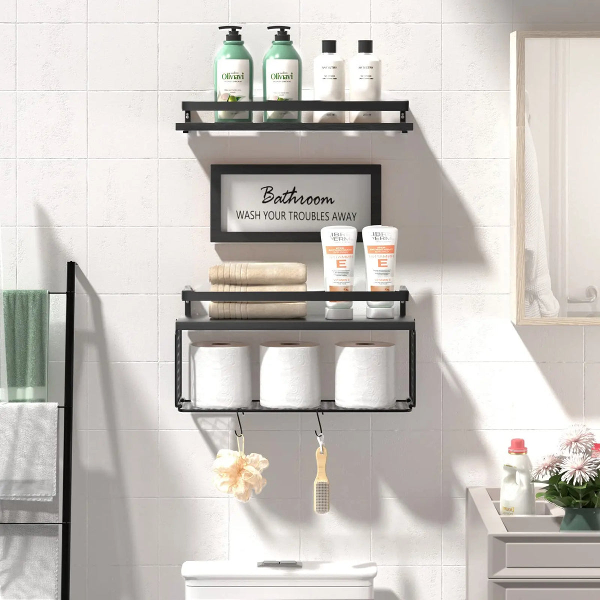 Floating Shelves with Storage Basket & Metal Guardrail, Bathroom Shelves Over Toilet with Wall Decor Sign, Wood Wall Organizer for Bedroom, Living Room, Kitchen