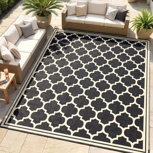9' x 12' Reversible Outdoor Rug, Plastic Straw Mat for RV, Camper, Picnic, Black