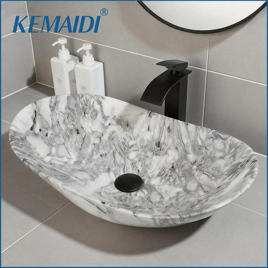 KEMAIDI Oval Marbling Vessel Sink with Faucet 24 inch Bathroom Sinks Ceramic Above Counter Bowl White Bathroom Sink Porcelain