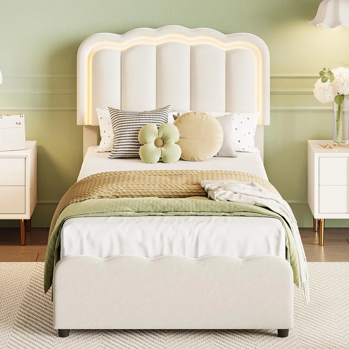 Twin Bed Frame With 2 Storage Drawers LED Lights Upholstered Platform Bed Adjustable Headboard No Box Spring Wood Slats