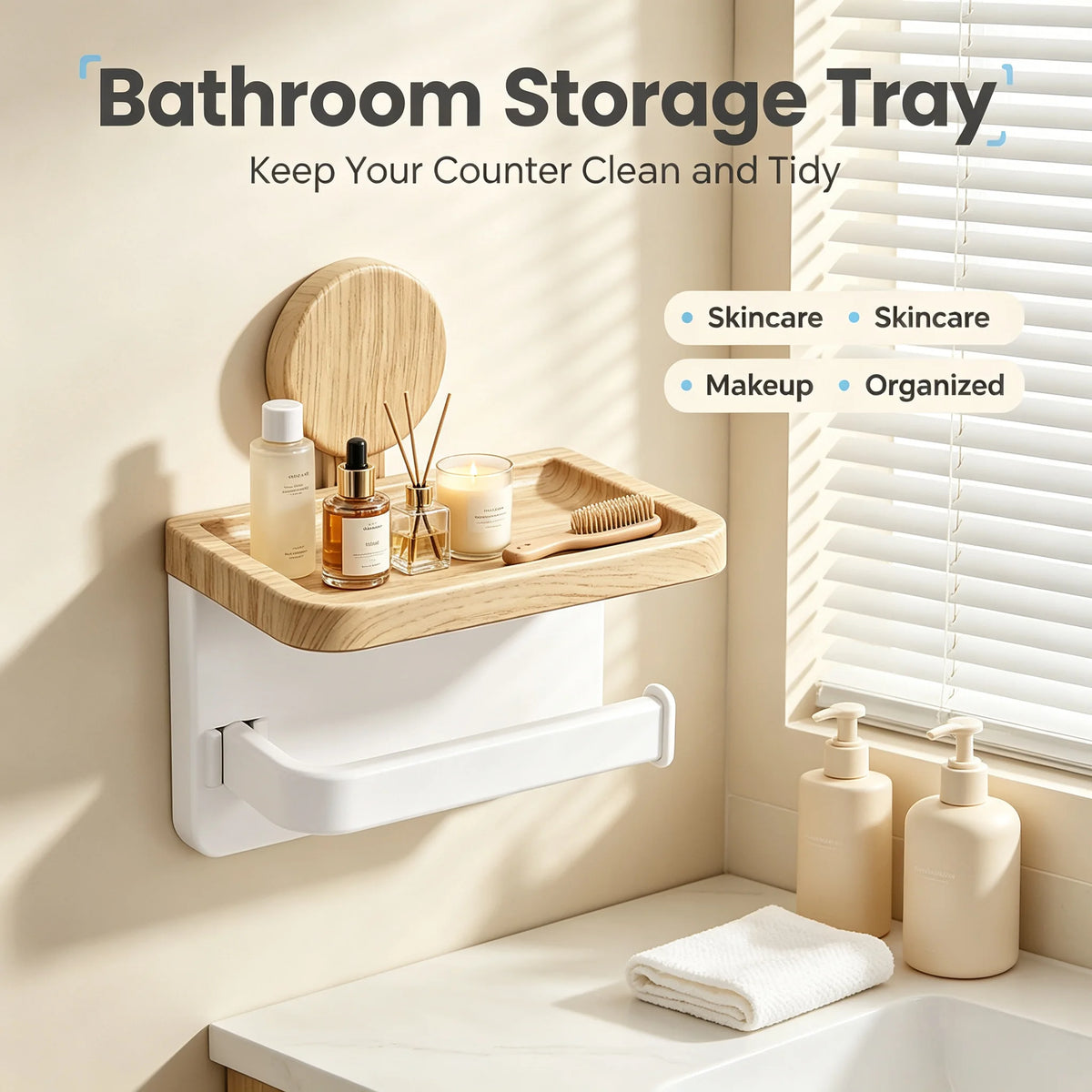 No‑Drill Self‑Adhesive Wall‑Mounted Paper Towel Holder with Wood‑Grain Storage Shelf, Multifunctional Kitchen & Bathroom Tissue Roll Rack, Space‑Saving Wall Organizer