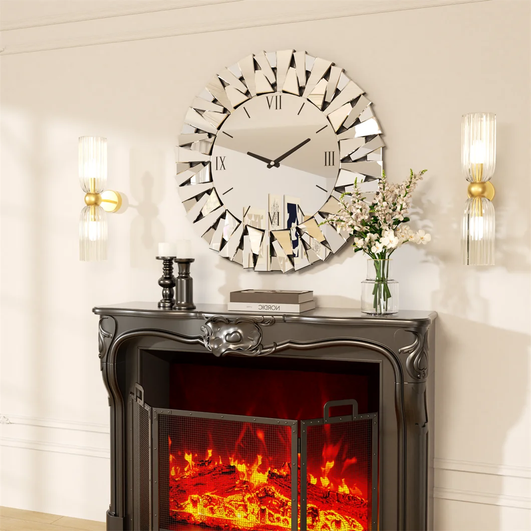 Large Wall Clock 3D Mirrored Clocks Sunburst Edge 32"/80CM Round Roman Numeral Modern Living Room Dining Room Fireplace Decor