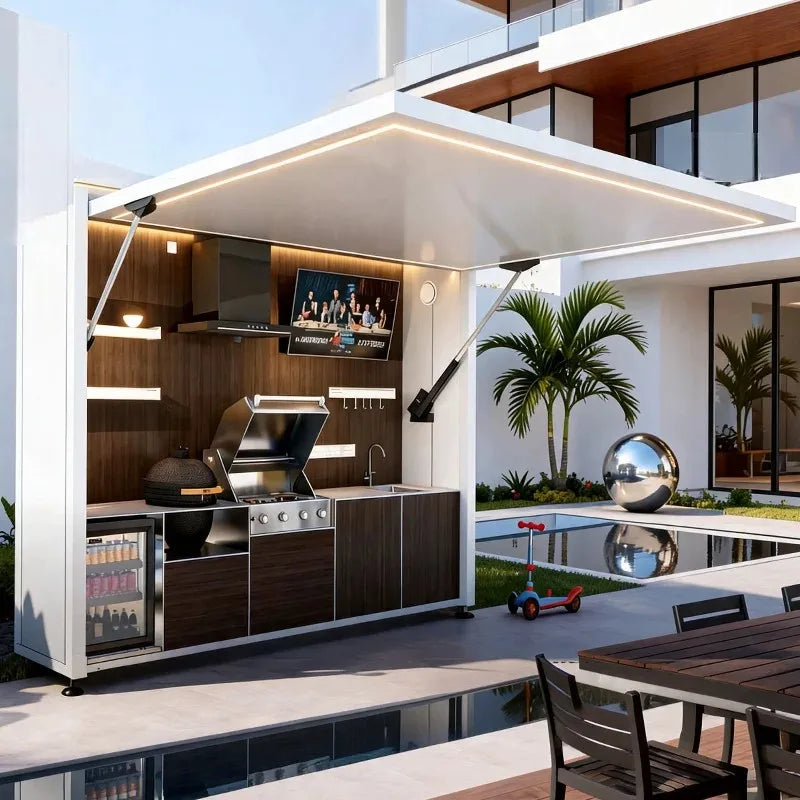 Complete Outdoor Kitchen Cabinet Set With Motorized Lift Up Roof Gas Grill Sink Refrigerator And Storage Drawers