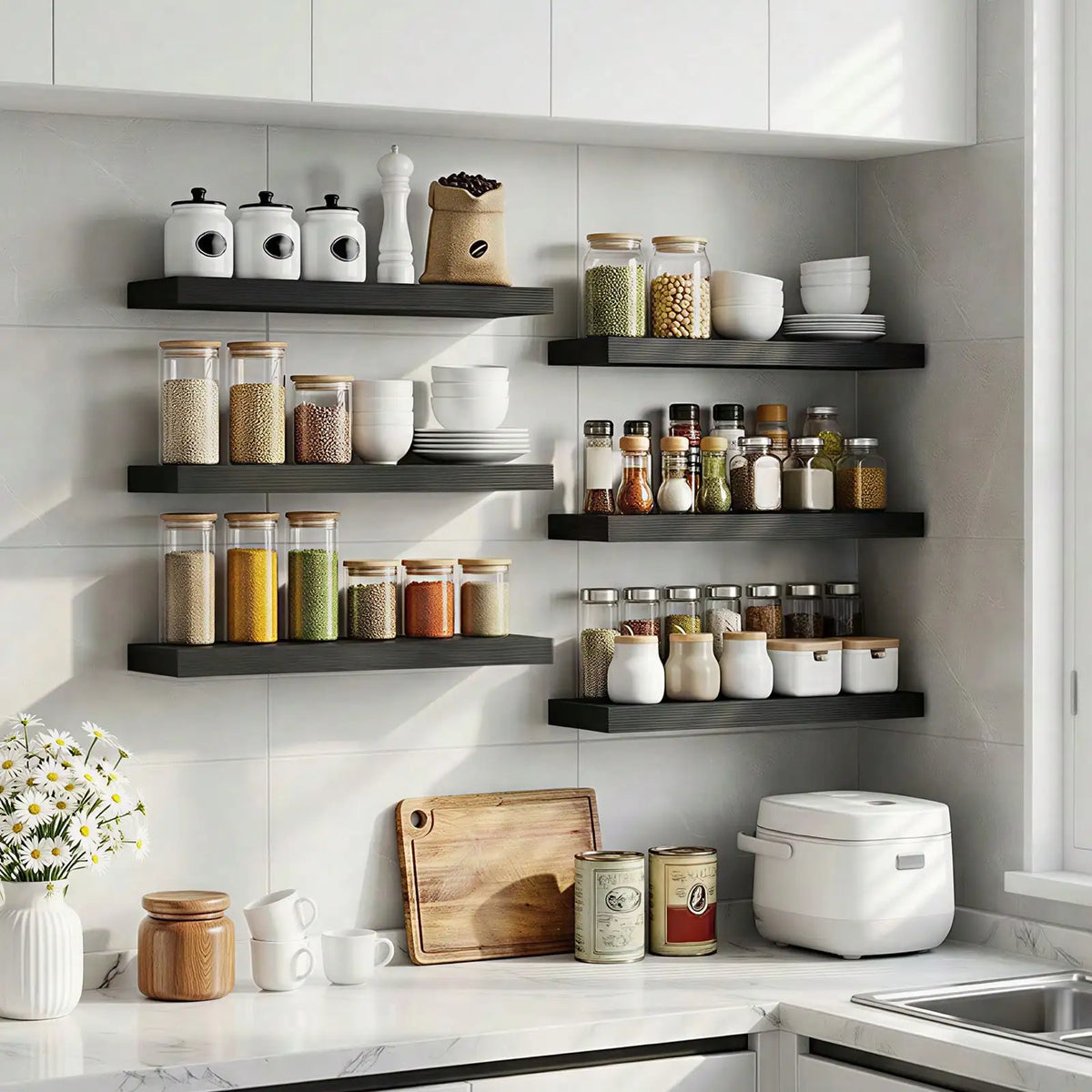 6-Pack 15.8 Inch Wood Floating Shelves, Farmhouse Wall Mounted Display Shelf Set, Rustic Storage Rack for Bathroom, Bedroom, Kitchen, Living Room Decor