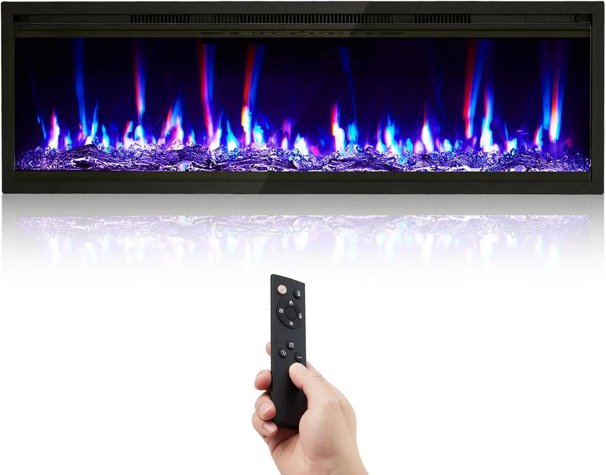 50 Inch Wall Mount & Recessed Electric Fireplace, 12‑Color Adjustable LED Flame, 750W/1500W Heater for 400 Sq Ft, Touch Screen & Remote Control, 0.5‑9H Timer Sleep Mode, Iron Tempered Glass Black 120V US Plug