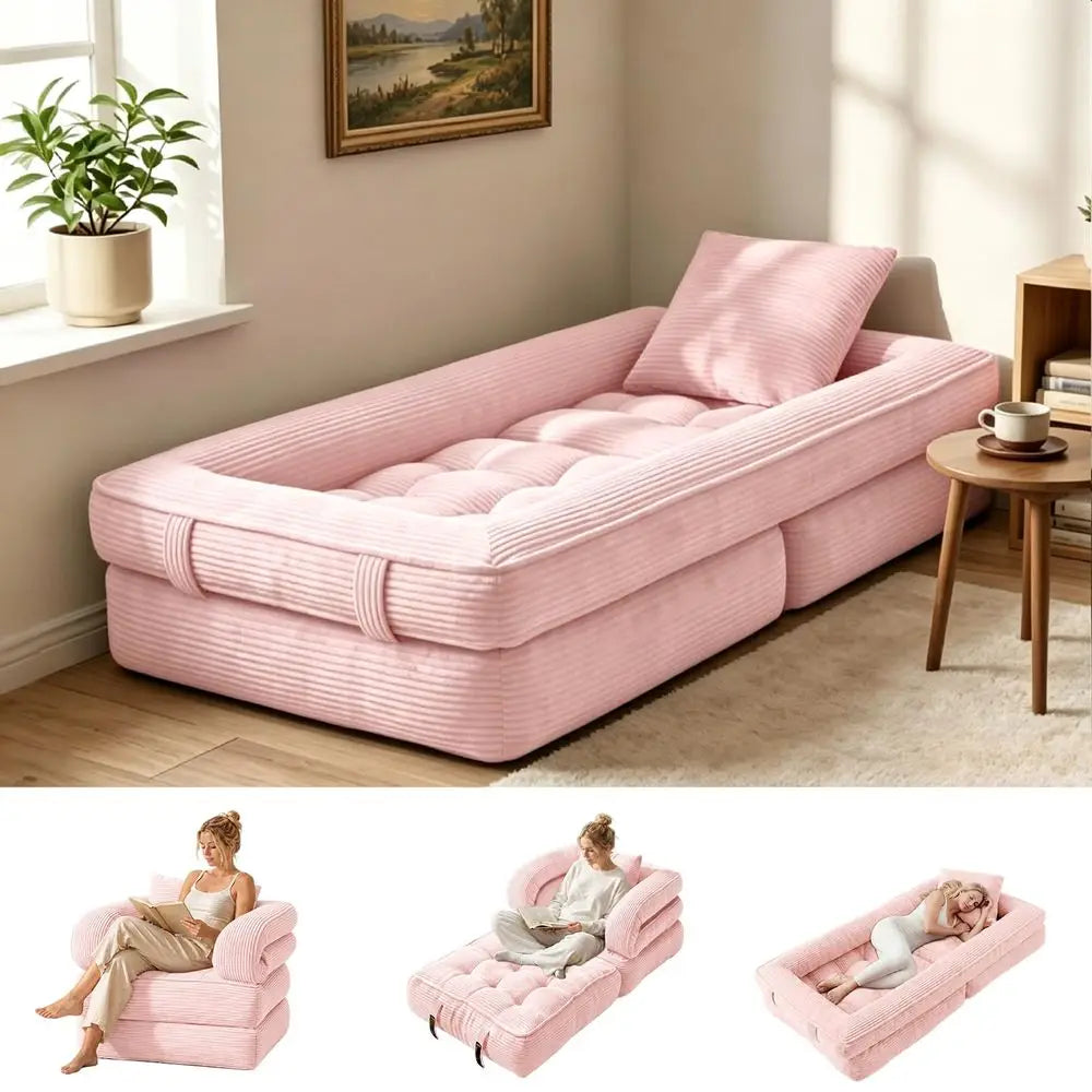 Sofa Bed, Convertible Sleeper Chair with Armrests for Adults, Foldable Corduroy Boneless Bed, 3in1 Portable Futon Couch Floor S