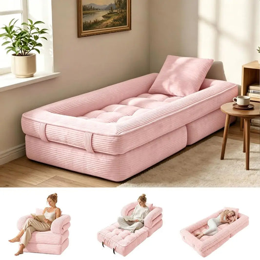 Sofa Bed, Convertible Sleeper Chair with Armrests for Adults, Foldable Corduroy Boneless Bed, 3in1 Portable Futon Couch Floor S