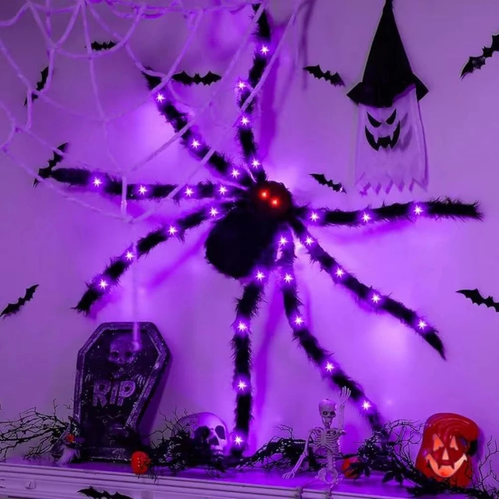 200cm Halloween Spider With Purple Lights For Home Outdoor Halloween Decorations Props Battery Powered