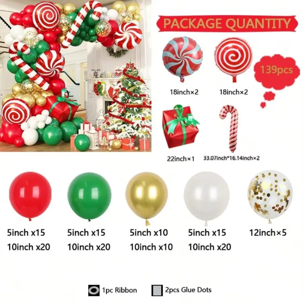 Christmas Candy Cane Balloon Garland Kit, Red Green White Metallic Gold Latex & Confetti Balloons, Giant Peppermint Lollipop Candy Cane Gift Box Foil Balloons, Winter Holiday 2026 New Year Xmas Dinner Table Party Photo Backdr