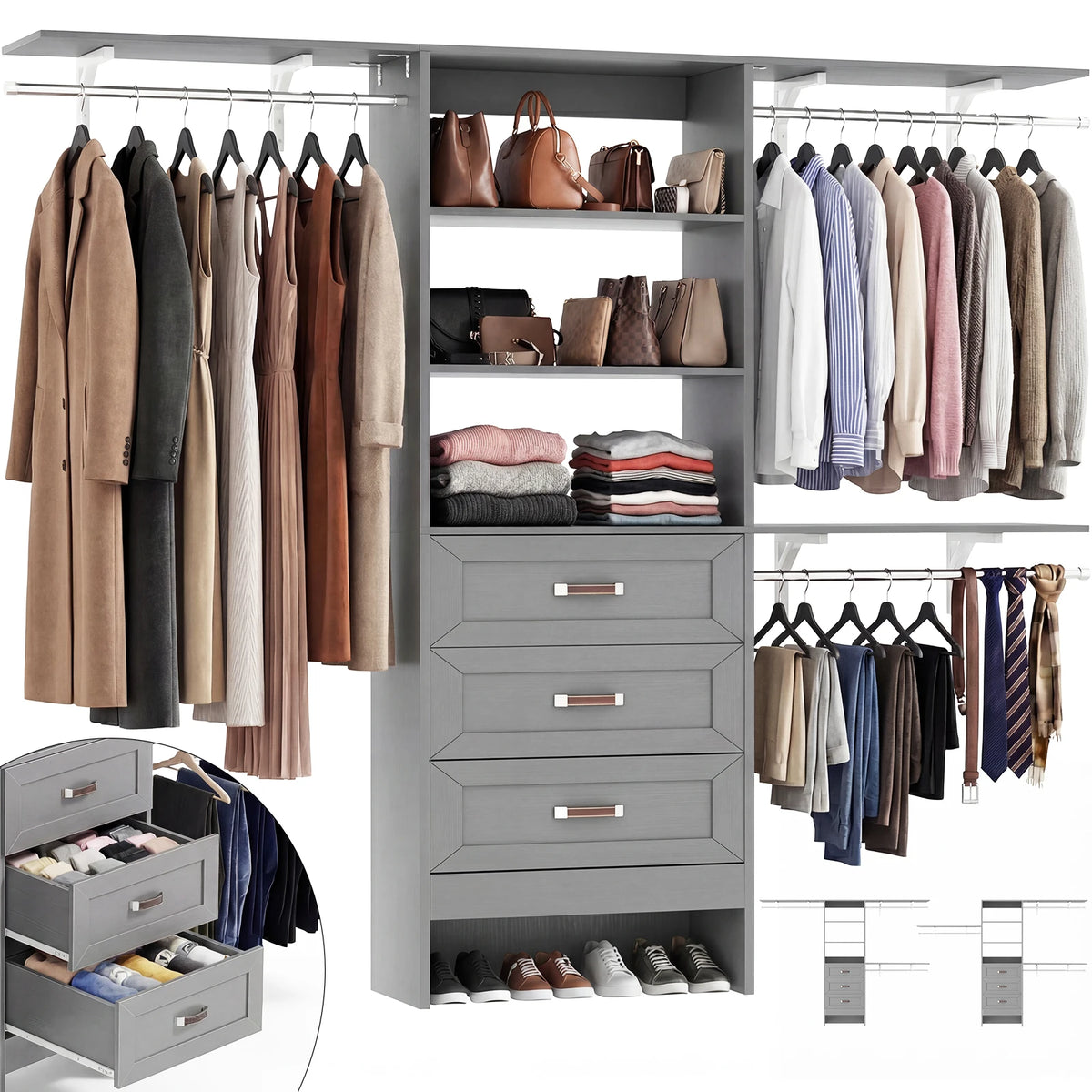 8FT Closet System with 3 Curved Drawers, 96" Wooden Walk-in Closet Organizer with 3 Top Shelves, Adjustable Hanging Rods & DIY Configurable Storage Rack for 4-8 ft Spaces