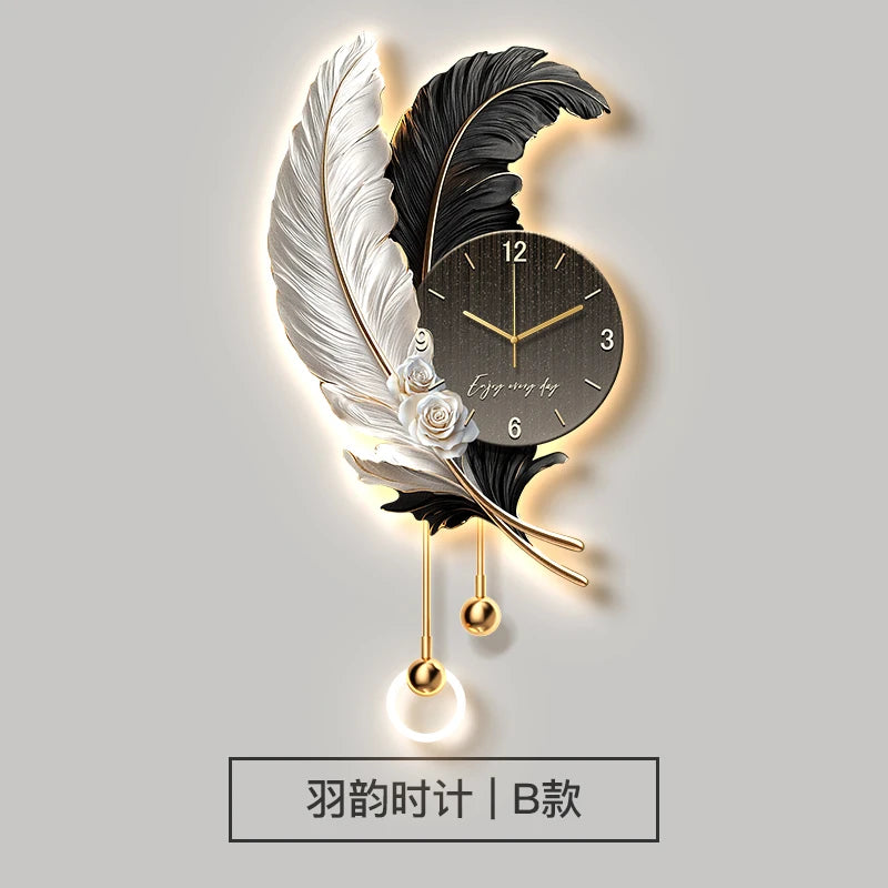 Feather Design Wall Clock With LED Lighting Luxury TV Background Art For Living Room Contemporary Wall Decor