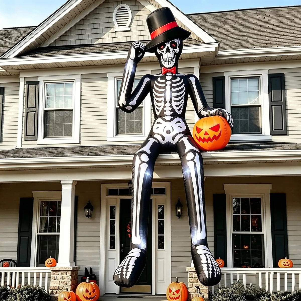 12FT Inflatable Halloween Decoration: Giant Seated Skeleton Holding a Pumpkin, Outdoor Blow-Up with Inbuilt LED Lights & Rapid Inflation, Ideal for Yard, Roof, Balcony, Lawn Garden - Spooky