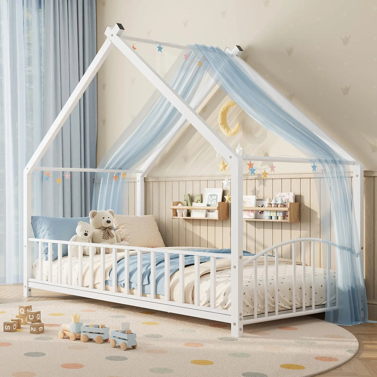 Twin House Bed Frame With Safety Rails, Montessori Floor Bed With Roof, Metal Platform Bed For Kids Girls Boys, No Box Spring