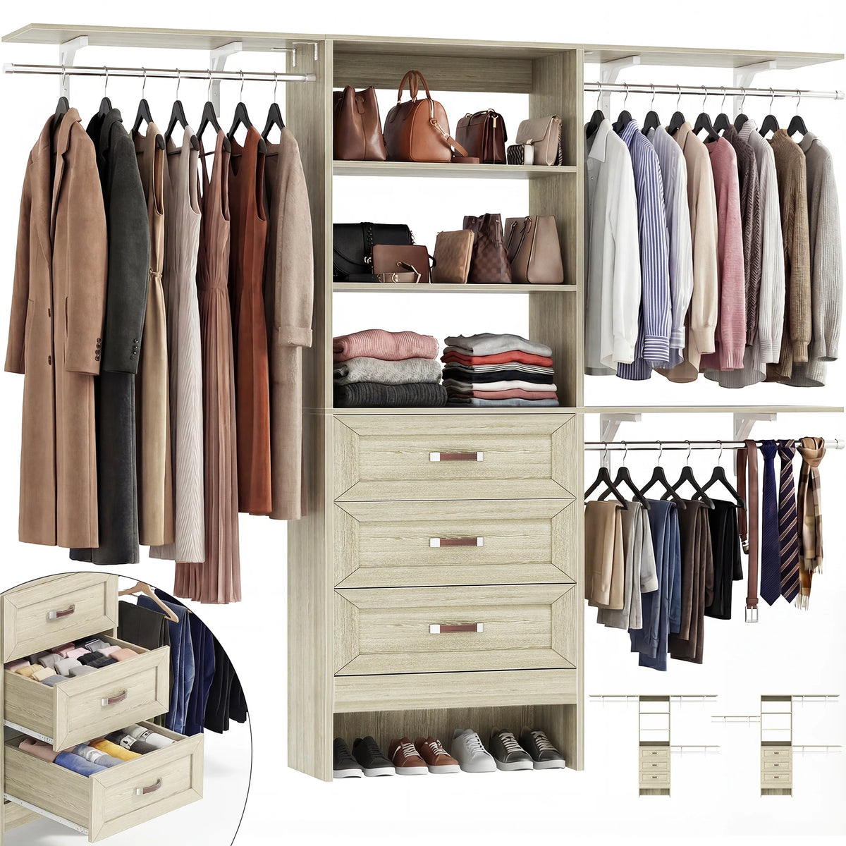 8FT Closet System with 3 Curved Drawers, 96" Wooden Walk-in Closet Organizer with 3 Top Shelves, Adjustable Hanging Rods & DIY Configurable Storage Rack for 4-8 ft Spaces
