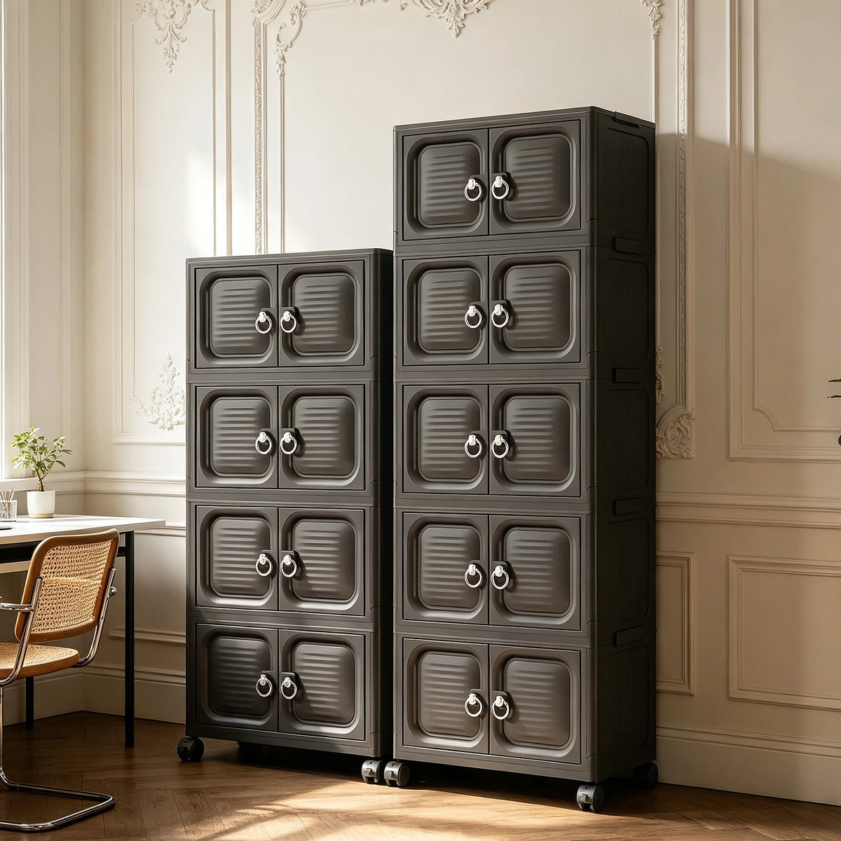 Multifunctional stackable storage cabinet, foldable multi-layer with wheels and handles, plastic storage cabinet, black and white, suitable for office documents, bedroom clothes, living room clutter, general storage