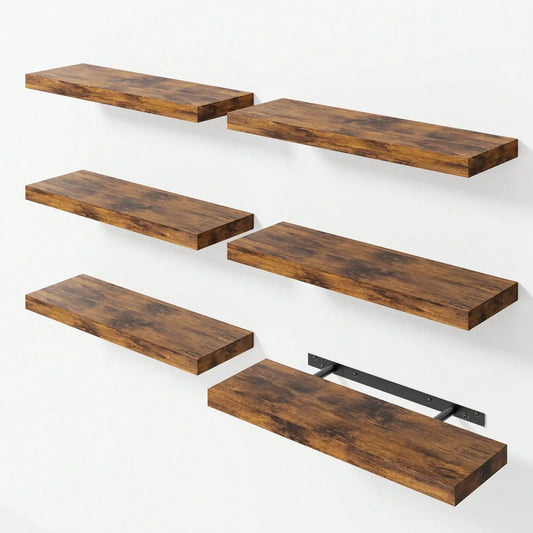 6-Pack 15.8 Inch Wood Floating Shelves, Farmhouse Wall Mounted Display Shelf Set, Rustic Storage Rack for Bathroom, Bedroom, Kitchen, Living Room Decor