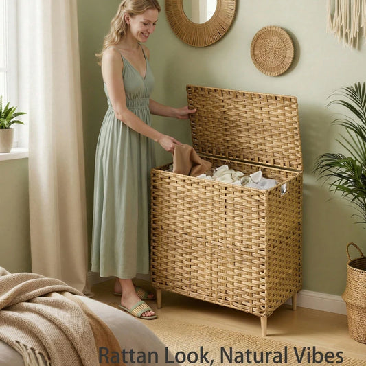 42.2 Gal Large Laundry Hamper with Lid, PE Rattan Woven Clothes Basket, Removable Washable Liner Storage Bin for Bedroom, Living Room, Beige
