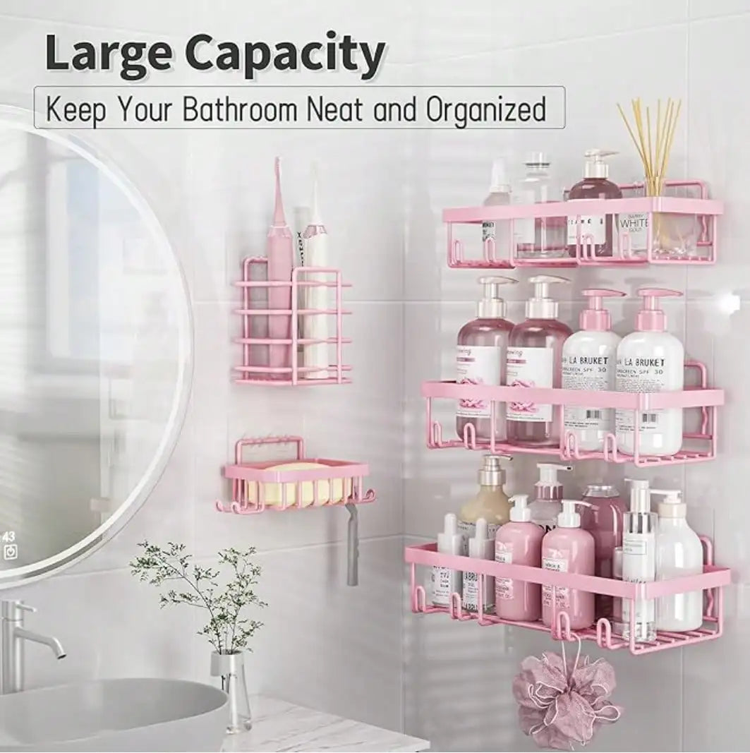 5-Pack Adhesive Shower Caddy, No Drilling Rustproof Stainless Steel Bathroom Organizer Shelves, Large Capacity Wall Mount Rack for Inside Shower, Pink