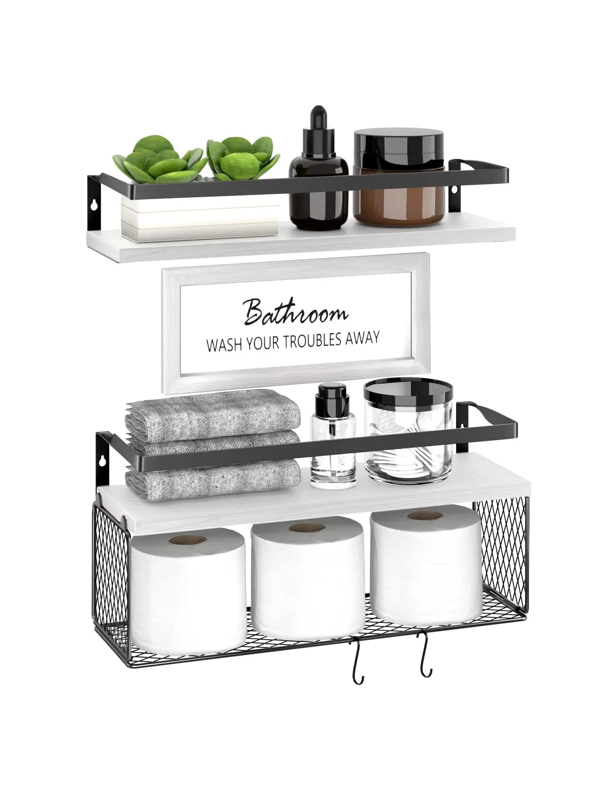 Floating Shelves with Storage Basket & Metal Guardrail, Bathroom Shelves Over Toilet with Wall Decor Sign, Wood Wall Organizer for Bedroom, Living Room, Kitchen