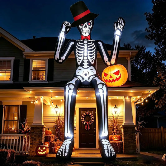 12FT Inflatable Halloween Decoration: Giant Seated Skeleton Holding a Pumpkin, Outdoor Blow-Up with Inbuilt LED Lights & Rapid Inflation, Ideal for Yard, Roof, Balcony, Lawn Garden - Spooky