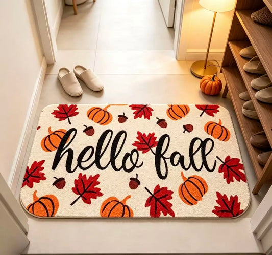 Hello Fall Maple Leaf Pumpkin Doormat, Non Slip 2D Flat Printed Floor Rug, Autumn Decorative Entrance Mat for Front Door Porch Home Harvest Party Decor