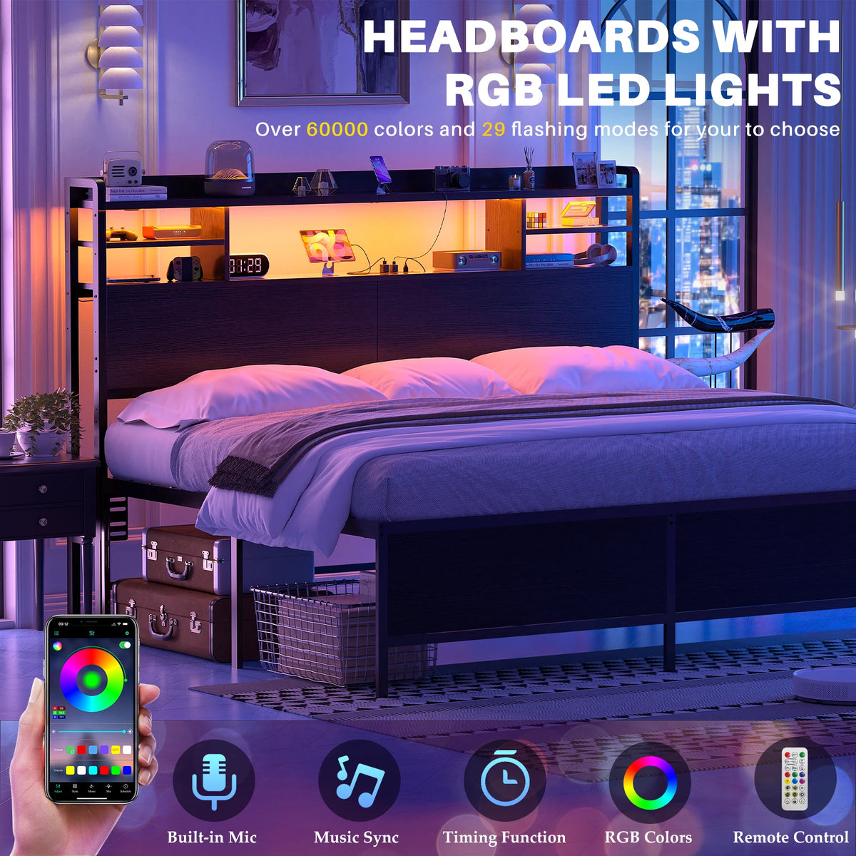 Aheaplus Headboard for Queen Size Bed with Storage, Headboards with LED Light, Power Outlets, USB Ports Queen Size Head Board, Wood Headboard Only Sturdy and Stable Headboards, Modern, Black
